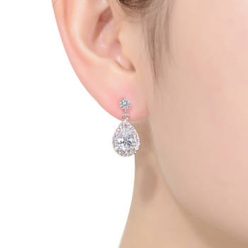 Pear Shape CZ Halo Drop Earrings In Sterling Silver