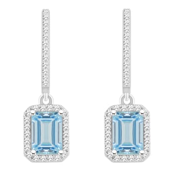 7x5mm Emerald Cut Aquamarine 1/3 ctw Diamond Rhodium Over Sterling
Silver Halo Dangle Earrings