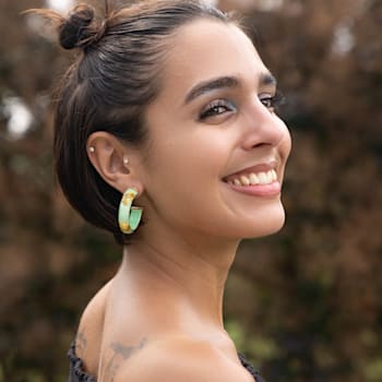 14K Yellow Gold Over Sterling Silver Small Gold Leaf Acrylic Hoop
Earrings in Mint