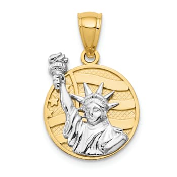 14k Yellow Gold and 14k White Gold Textured Lady Liberty on American
Flag Disk Pendant