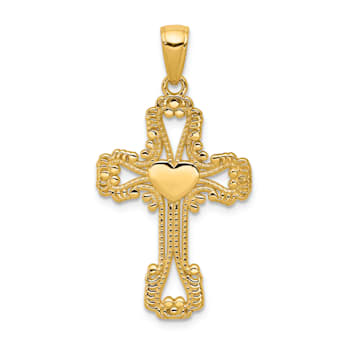 14k Yellow Gold Textured Beaded Cross with Heart Pendant