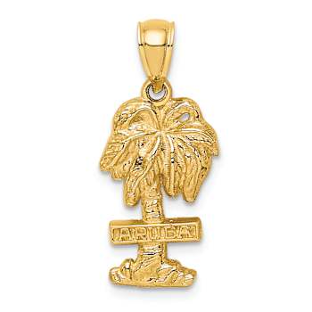 14k Yellow Gold Textured Aruba On Palm Tree Pendant