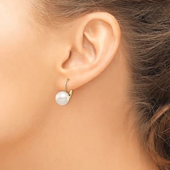 14K Yellow Gold 9-10mm White Round Freshwater Cultured Pearl Leverback Earrings
