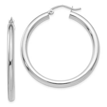 Rhodium Over 14k White Gold Polished 1 3/8" Tube Hoop Earrings