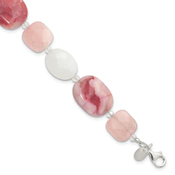 Sterling Silver Pink Agate/Quartz/Jade/Crystal with 1-inch Extension Bracelet