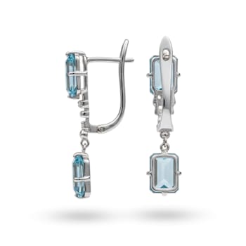 Blue Topaz Octagon Over Sterling Silver Rhodium Drop Earrings