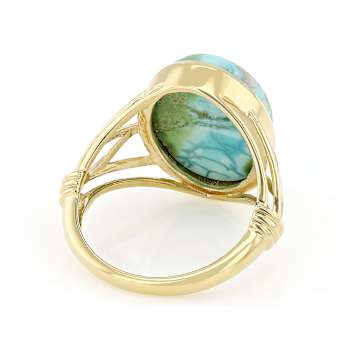Bi-Color Turquoise Oval Ring In 18K Gold Over Sterling Silver 16x12mm