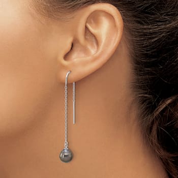 Rhodium Over Sterling Silver Black Tahitian Pearl Threader Earrings
