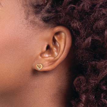 14k Yellow Gold and Rhodium Over 14k Yellow Gold Diamond Heart Stud Earrings