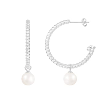 White Cultured Freshwater Pearl Rhodium Over Sterling Silver 7-8mm Round Earrings