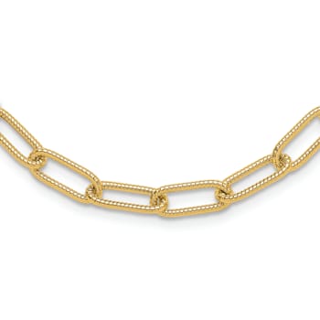14K Yellow Gold Polished Textured Oval Link Necklace