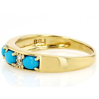 Turquoise And White Zircon Band Ring In 18K Gold Over Sterling Silver 0.05ctw