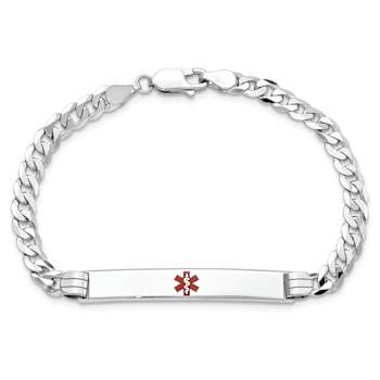 Rhodium Over 14k White Gold Medical Red Enamel Flat Curb Link ID Bracelet