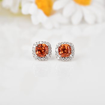 Peach Orange Lab Created Padparadscha Sapphire with Moissanite Rhodium
Over Silver Stud Earrings