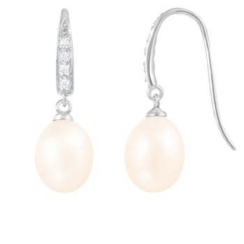 9.5-10mm White Cultured Freshwater Pearl and Cubic Zirconia Rhodium Over
Sterling Silver Earrings