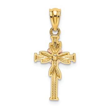 14K Two-tone Gold  Polished, Textured and Diamond-Cut Cross with Flower Pendant