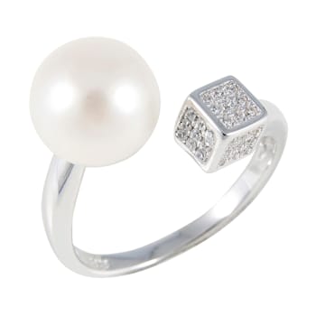 White Cultured Freshwater Pearl Rhodium Over Silver Ring