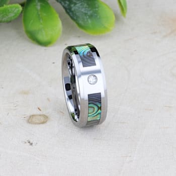 HONOLULU Mother of Pearl Inlay Tungsten Carbide Ring with Beveled Edges
and White Diamond 8mm