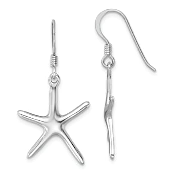 Rhodium Over Sterling Silver Polished Starfish Dangle Earrings