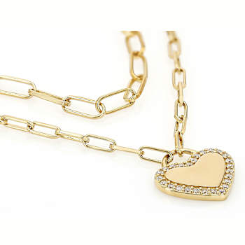 Heart Paperclip Pendant With CZ Necklace In 18k Gold Over Sterling Silver