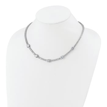 Rhodium Over Sterling Silver Cubic Zirconia Station With Safety Clasp Necklace