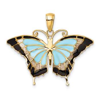 14k Yellow Gold Multi-color Enameled Butterfly Pendant