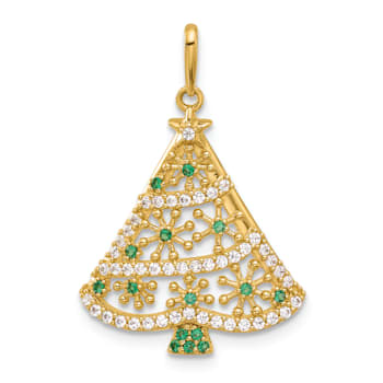 14K Yellow Gold Polished Green and White Cubic Zirconia Christmas Tree Pendant