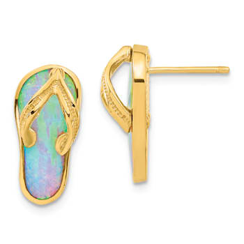 14k Yellow Gold Polished and Textured with Lab Created White Opal Flip
Flop Stud Earrings