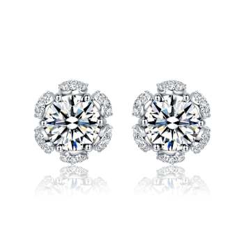CZ Flower Halo Stud Earrings In Sterling Silver