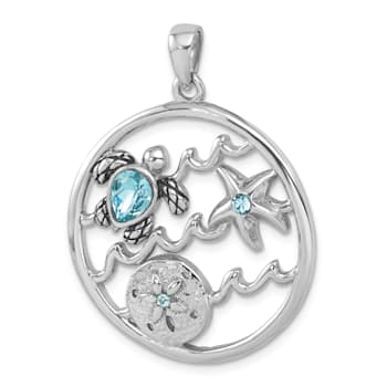 Rhodium Over Sterling Silver Antiqued Round Crystal Sealife Pendant
