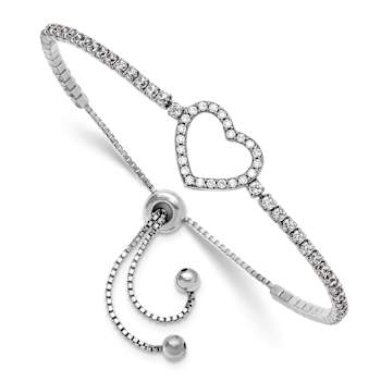 Rhodium Over Sterling Silver Cubic Zirconia Heart Adjustable Bracelet