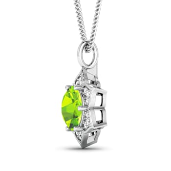 1.85ctw 14K White Gold Round Peridot and White Diamond Pendant with 18
inch Cable Chain
