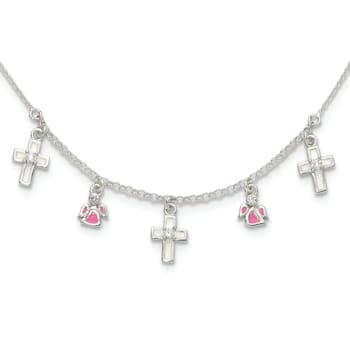 Sterling Silver Polished Enamel Cubic Zirconia Cross and Angels
Children's Necklace