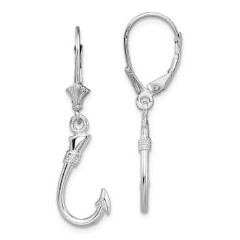 Rhodium Over Sterling Silver Polished 3D Fish Hook Leverback Earrings