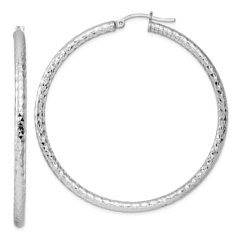 Rhodium Over Sterling Silver 3.00mm Diamond-cut Hoop Earrings