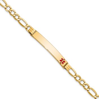 14k Yellow Gold Medical Polished Red Enamel Figaro Link ID Bracelet