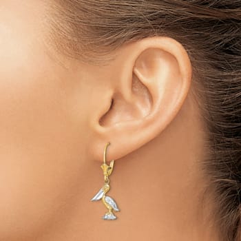 14K Two-tone Gold Textured 3D Standing Pelican Dangle Earrings