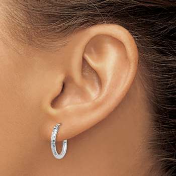 Rhodium Over 14k White Gold Diamond-Cut 9/16" Round Tube Hoop Earrings