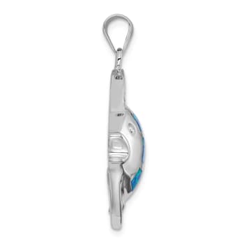 Rhodium Over Sterling Silver Lab Created Blue Opal Fish Pendant