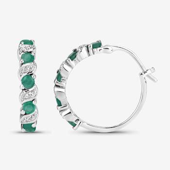 Green Emerald and White Topaz Sterling Silver Hoop Earrings
