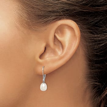 Rhodium Over Sterling Silver 7-8mm White Freshwater Cultured Pearl
Leverback Earrings