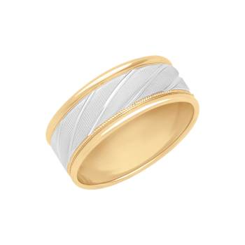 8mm Diagonal Line Band in 10k Yellow Gold with White Rhodium