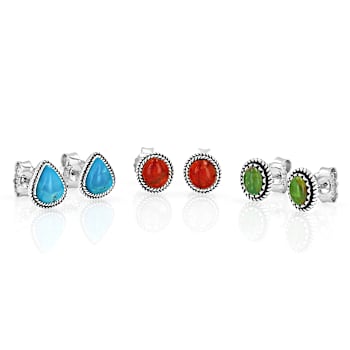 Coral, Green And Blue Turquoise Sterling Silver Stud Earring Set Of 3