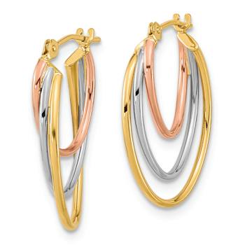 14k Tri-color Gold 13/16" Diamond-Cut Graduated 3 Ring Hoop Earrings