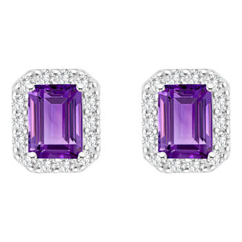 8x6mm Emerald Cut Amethyst And White Topaz Accent Rhodium Over Sterling
Silver Halo Stud Earrings