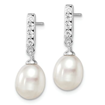 Rhodium Over Sterling Silver 8-9mm White Freshwater Cultured Pearl Cubic
Zirconia Post Earrings