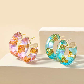 14K Yellow Gold Over Sterling Silver with Gold Leaf Faceted Acrylic
Huggies in Purple