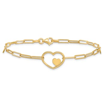 14K Yellow Gold Paperclip Link Heart 7.25-inch Bracelet