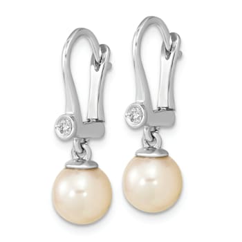 Rhodium Over 14K White Gold 7-8mm Round White Saltwater Akoya Pearl
0.05ctw Diamond Dangle Earrings