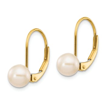 14K Yellow Gold 6-7mm White Round Freshwater Cultured Pearl Leverback Earrings